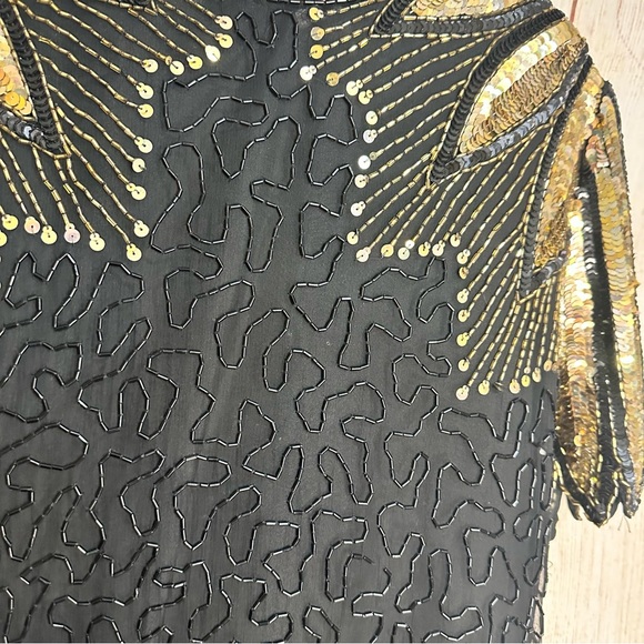Vintage 100% Silk Sequin Beaded Gold Black 12p Midi Dress - Picture 11 of 12